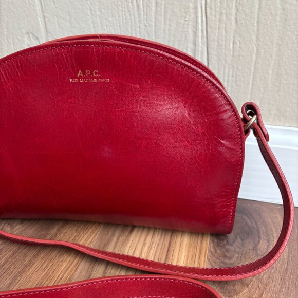A.P.C. Demi-lune Leather Burgundy Bordeaux Red Crossbody Bag Purse - Picture 4 of 14
